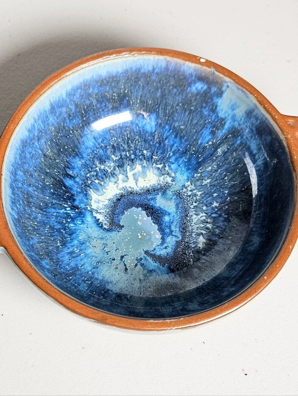 Rustic Glazed Small Pottery Bowl Dbl Handle Hand Made Blue Glaze